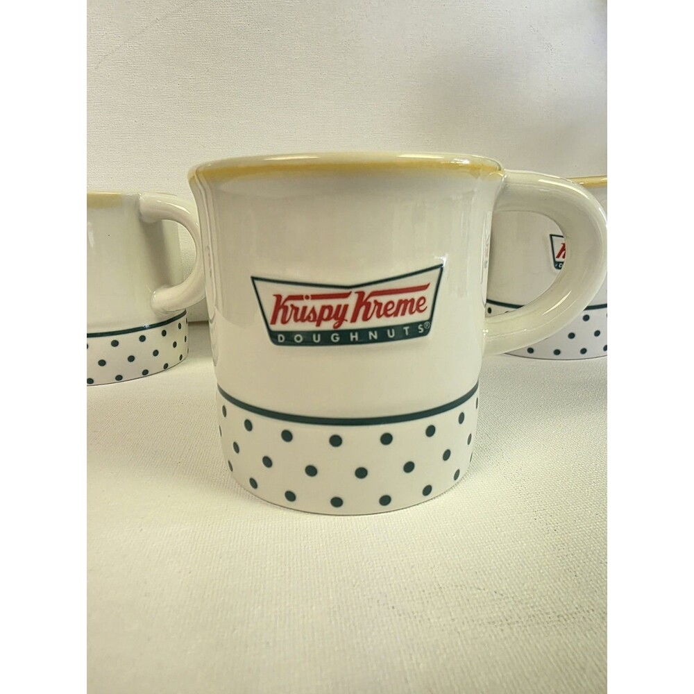 Krispy Kreme Set of 4 Advertising Mug White Green Polka Dots Yellow Rim